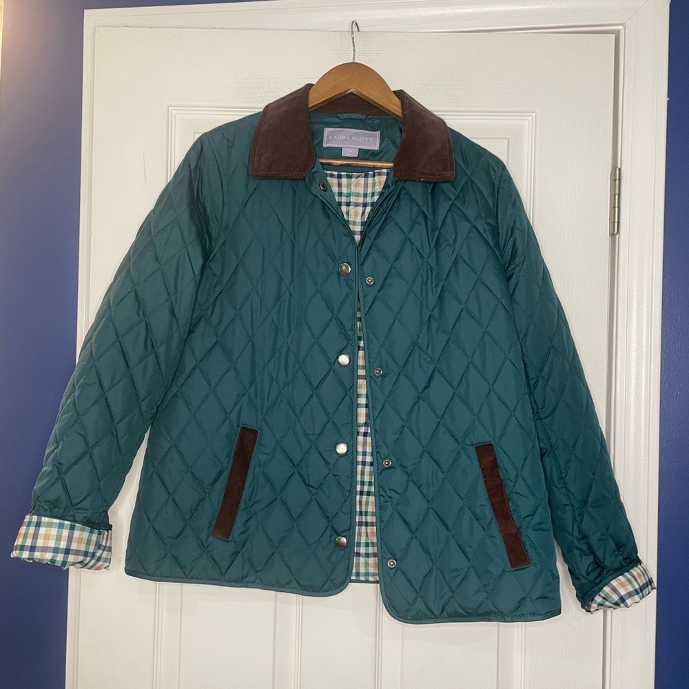 Laura Scott vintage teal quilted barn jacket w/brown corduroy collar - Large